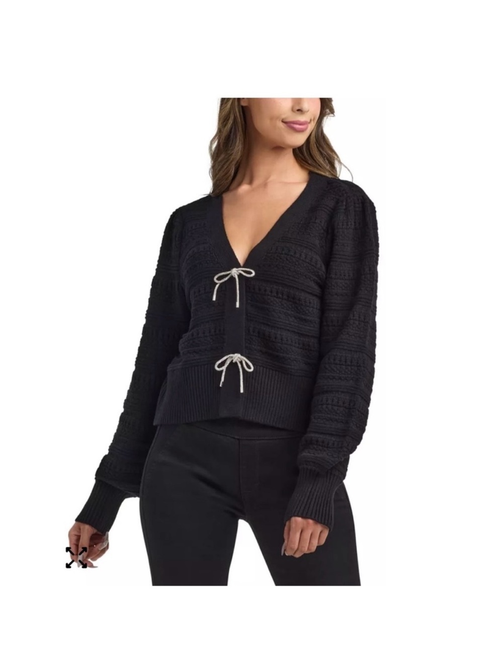 Black Rhinestone Bows V-Neck Women’s Sweater